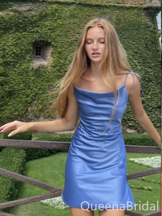 Elegant Blue Spaghetti Straps Sheath Graduation Party Short Homecoming Dress Formal Evening Party Dress , QB0862