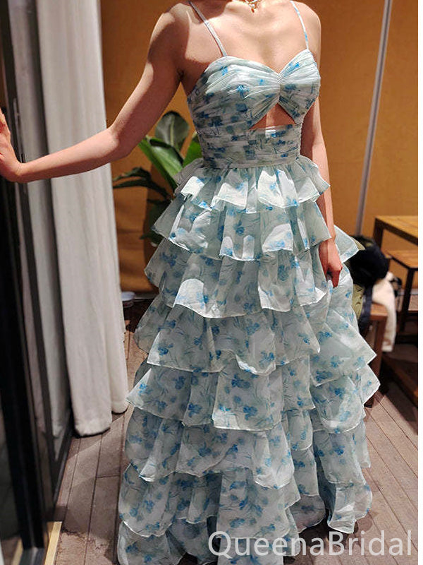 Elegant Light Blue Spaghetti Strap Ruffles  A-Line Pleats Long Prom Dresses,WGP435