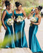 Elegant Blue One Shoulder Mermaid Long Cheap Bridesmaid Dresses ,BDS0169