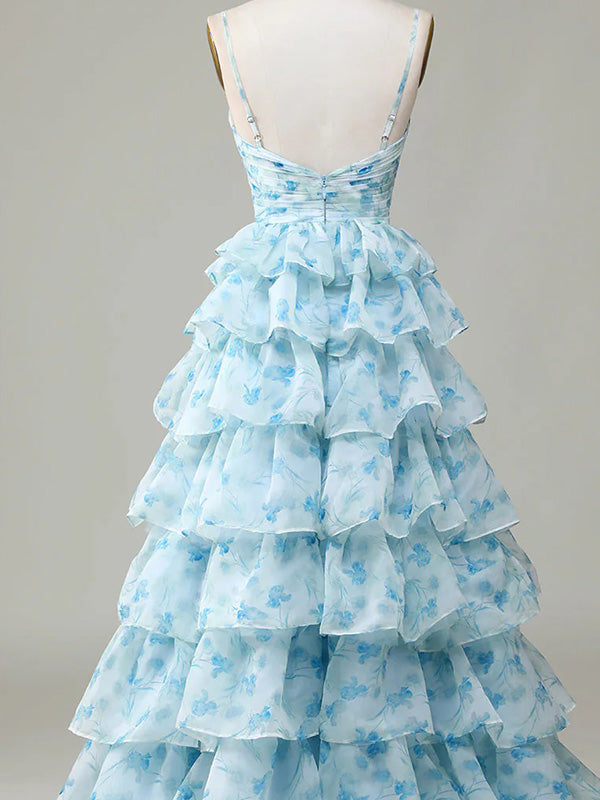 Elegant Light Blue Spaghetti Strap Ruffles  A-Line Pleats Long Prom Dresses,WGP435