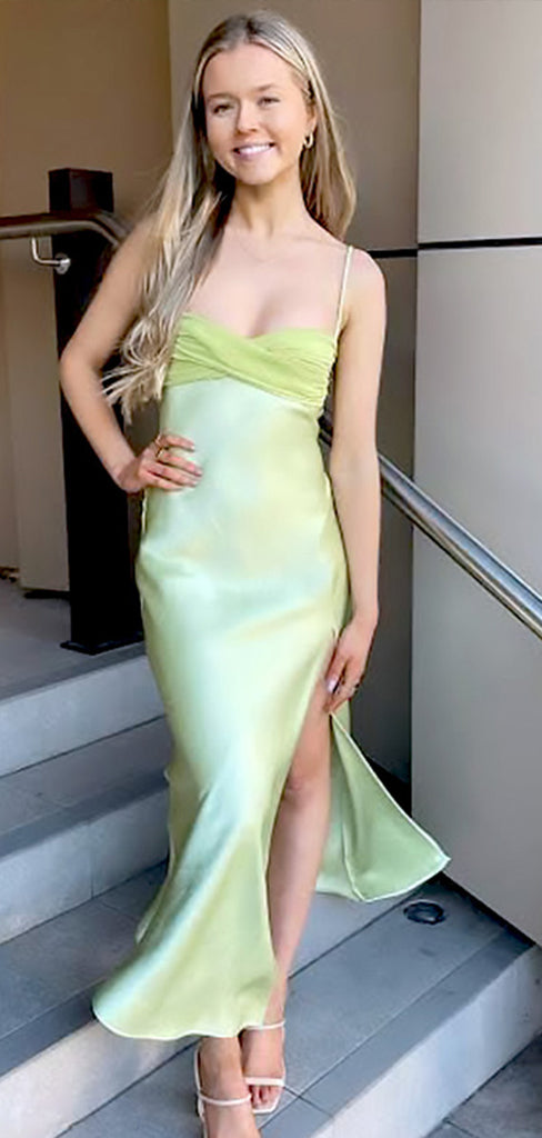 Elegant Light Green Spaghetti Strap Mermaid Side Slit Sleeveless Evening Prom Dresses,WGP515