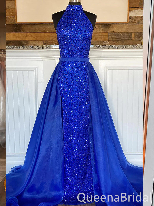 Royal Blue Sparkle High Neck Sleeveless A-line Evening Gown Maxi Long Formal Dresses Prom Dresses ,WGP966