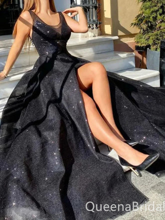 Sexy Open Back A-line Black Tulle Front Slit Open Back Evening Gown Long Formal Dresses Prom Dresses ,WGP762