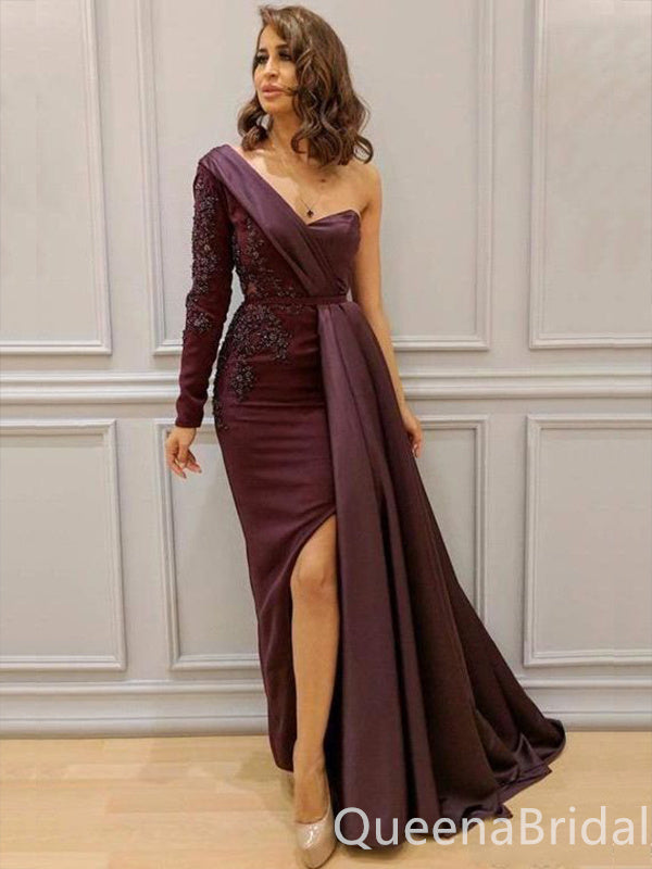 Sexy One Shoulder Lace Appliques One Long Sleeve Side Slit Mermaid Evening Gown Maxi Long Formal Dresses Prom Dresses ,WGP927