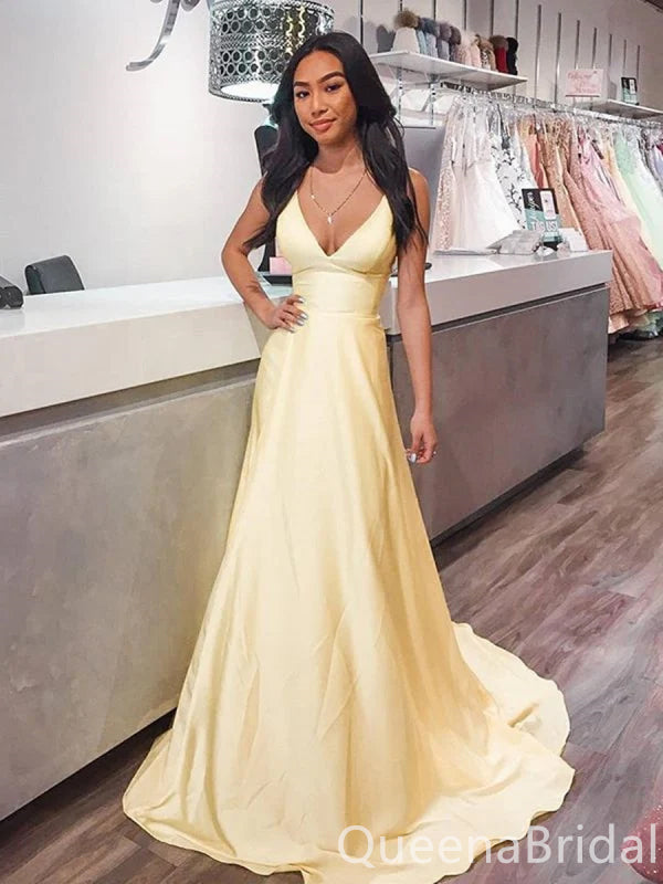 Sexy Light Yellow V Neck A-line Party Dress Long Prom Dresses to Impress ,WGP1624