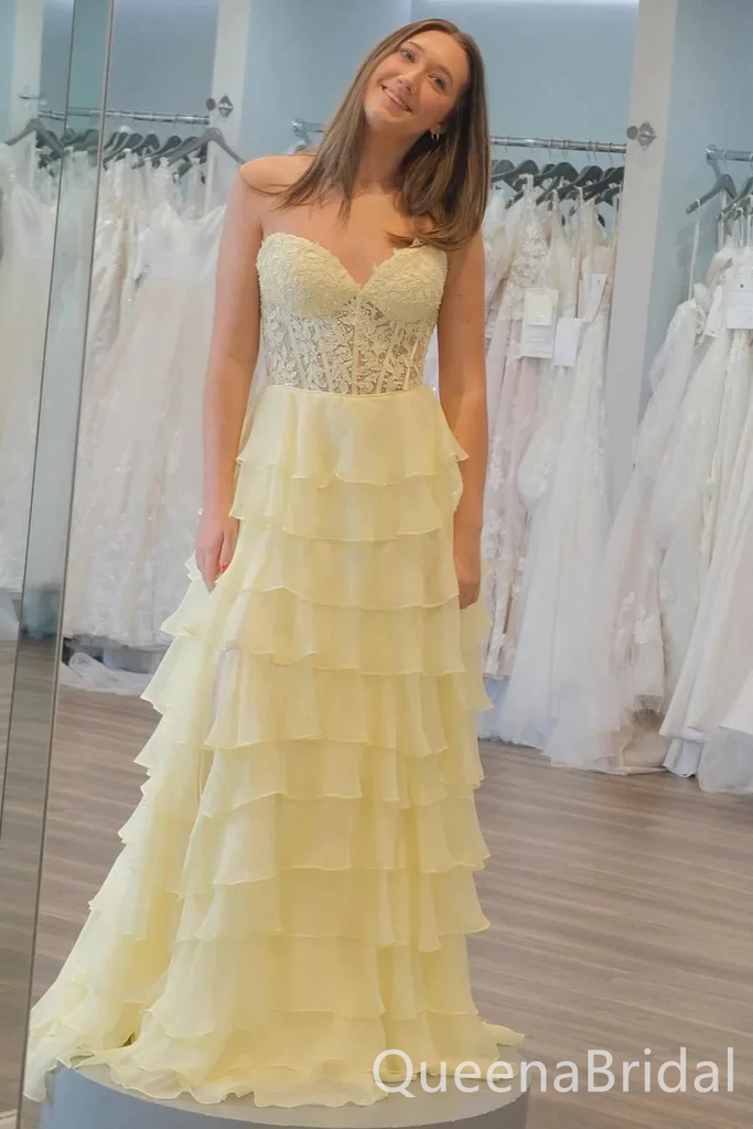 Light Yellow Strapless Tiered Sweetheart Lace Appliques A-line Lace Up Back Long Prom Dresses to Impress ,WGP1333