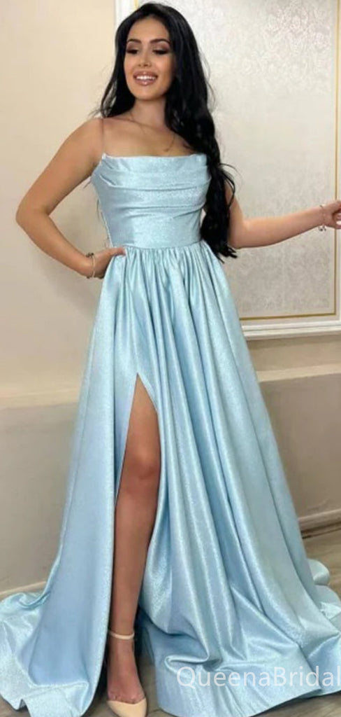 Elegant Sexy Blue Strapless A-line Evening Gown Maxi Long Formal Dresses Prom Dresses with Side Slit ,WGP899