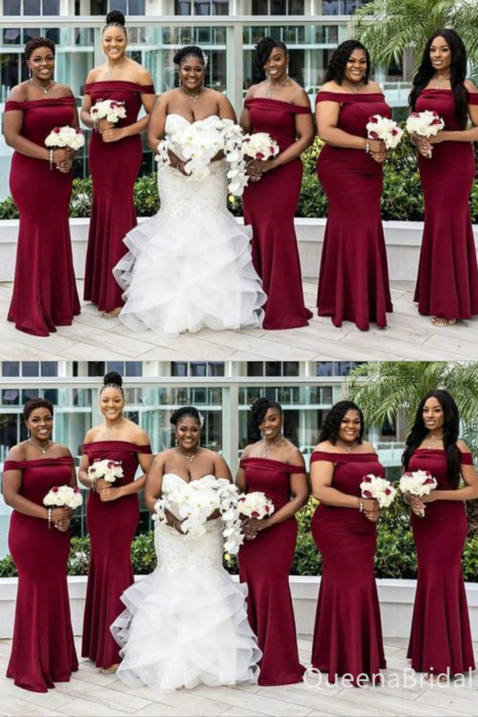 Burgundy Off Shoulder Mermaid Long Bridesmaid Dresses , BDS0205