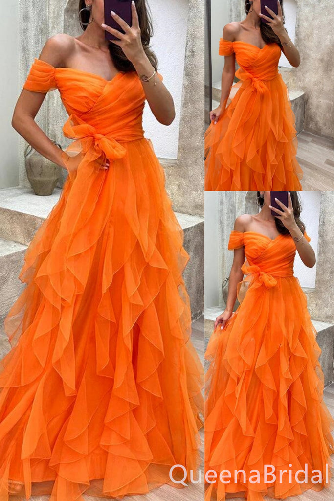 Orange Fluffy Off Shoulder A-line Evening Gown Maxi Long Evening Party Prom Dresses ,WGP1130