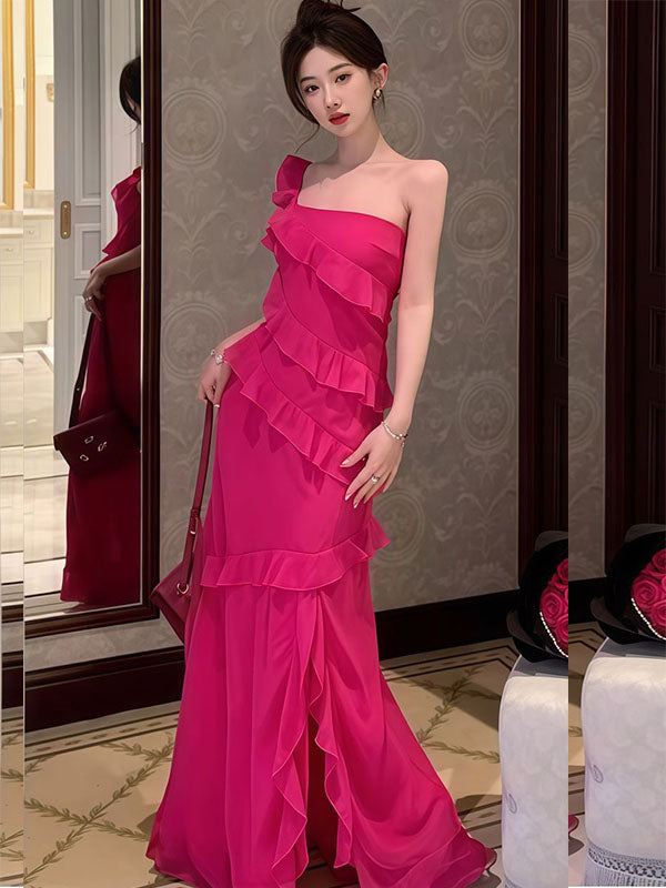 Elegant Pink One Shoulder Sheath Long Prom Dresses to Impress ,WGP1548