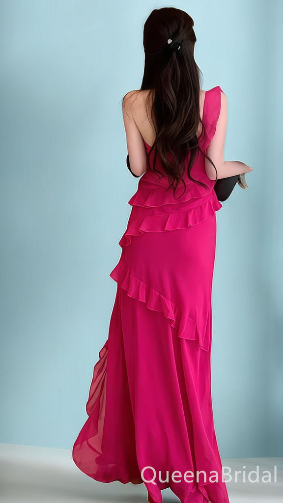 Elegant Pink One Shoulder Sheath Long Prom Dresses to Impress ,WGP1548