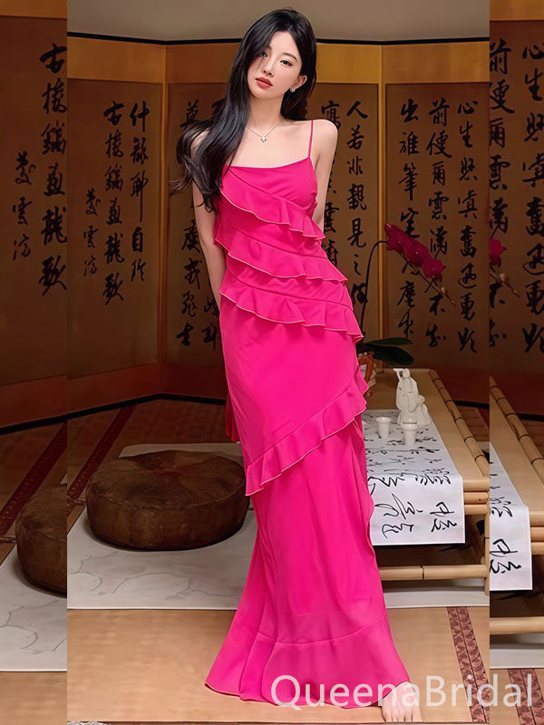 Elegant Pink Spaghetti Straps Sheath Long Prom Dresses to Impress ,WGP1547