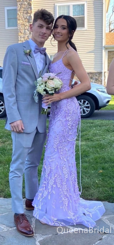 Gorgeous Lilac Spaghetti Straps Lace up Back Sheath Lace Appliques Long Prom Dresses to Impress ,WGP1549