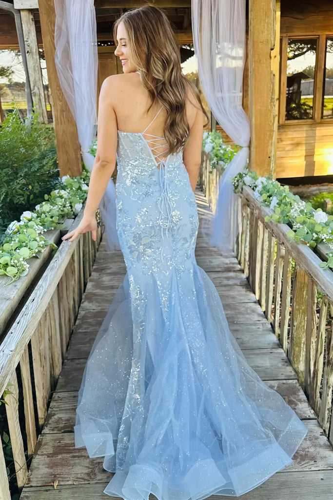 Elegant Blue Spaghetti Straps Lace Appliques Tulle Mermaid Long Cheap Wedding Dresses,WGP216