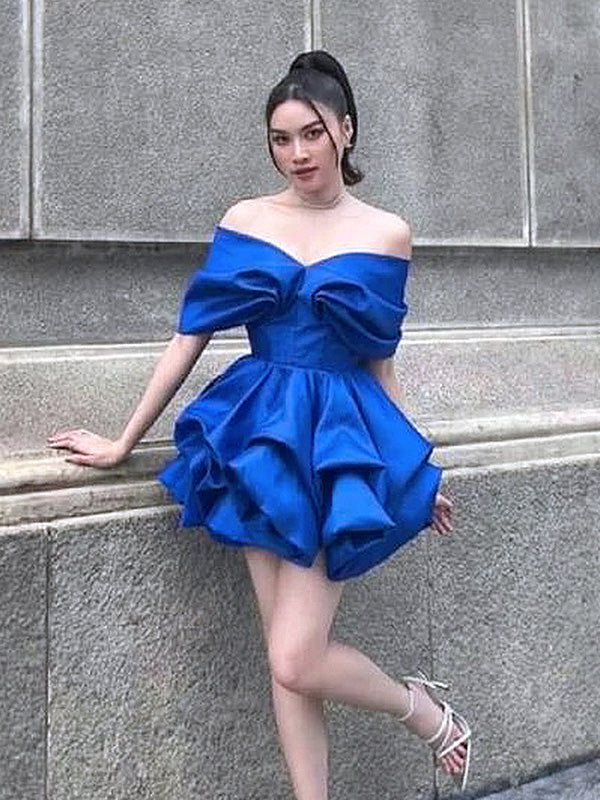 Elegant Royal Blue Bubble Off Shoulder Cheap Short Homecoming Dresses,QB0384