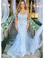 Elegant Blue Spaghetti Straps Lace Appliques Tulle Mermaid Long Cheap Wedding Dresses,WGP216