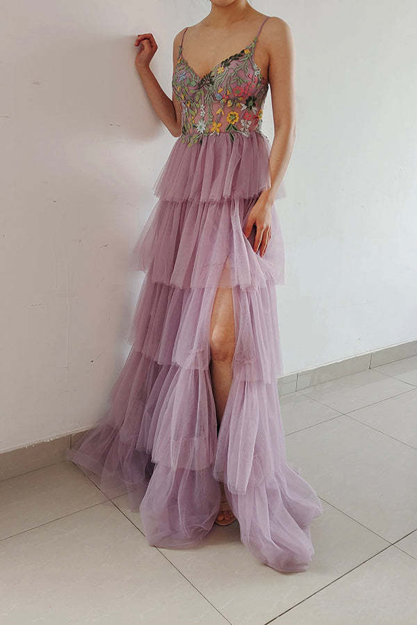 Elegant Pink A-Line Spaghetti Strap Ruffles Appliques Long Prom Dresses,WGP437