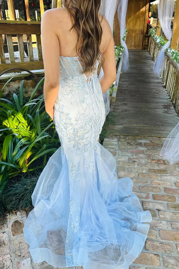 Elegant Blue Spaghetti Straps Lace Appliques Tulle Mermaid Long Cheap Wedding Dresses,WGP216