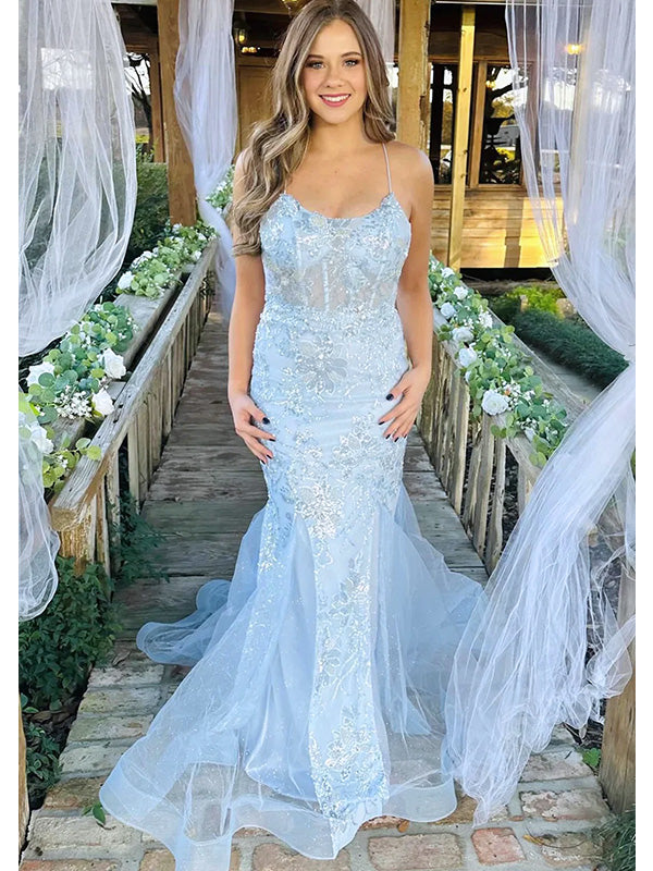 Elegant Blue Spaghetti Straps Lace Appliques Tulle Mermaid Long Cheap Wedding Dresses,WGP216