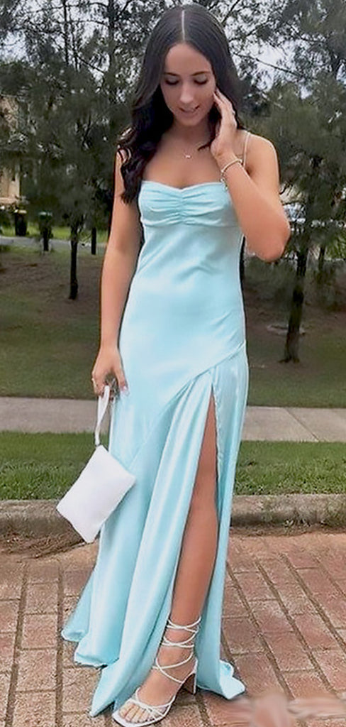 Elegant Blue Spaghetti Strap Mermaid Side Slit Sleeveless Evening Prom Dresses,WGP518