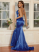 Sexy Elegant Blue Spaghetti Straps Backless Mermaid Long Formal Prom Dresses Evening Gown ,WGP540