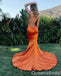 Sexy Orange Spaghetti Straps Plunging Mermaid Open Back Evening Gown Maxi Long Formal Dresses Prom Dresses with Trailing ,WGP900