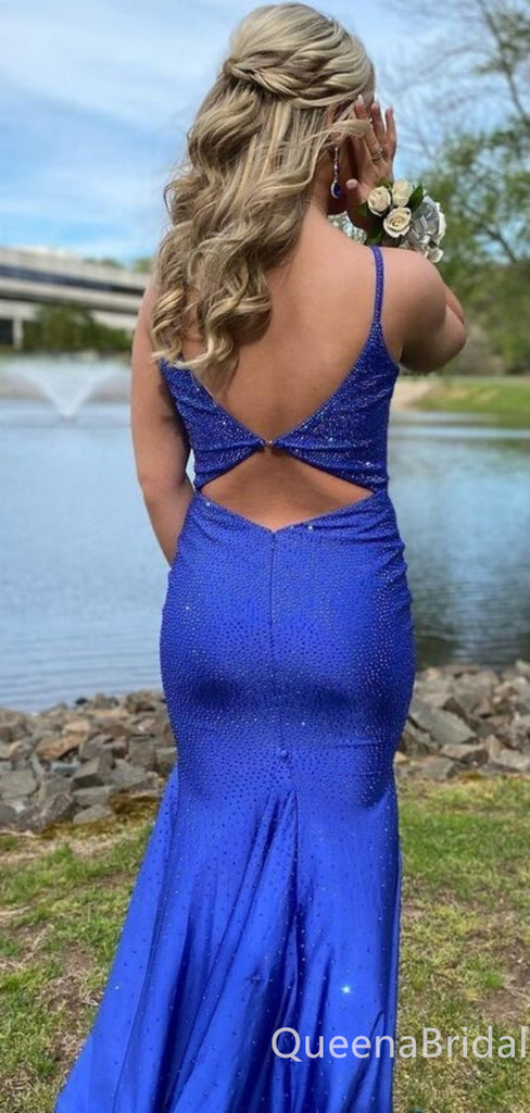 Sexy Royal Blue Spaghetti Straps Plunging V-neck Mermaid Evening Gown Maxi Long Formal Dresses Prom Dresses ,WGP929