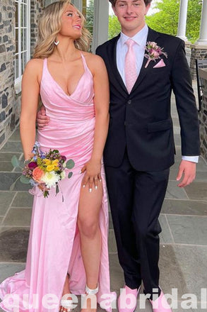 Pink V Neck Halter A-line Evening Gown Maxi Long Evening Party Prom Dresses with Side Slit ,WGP1054