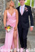 Pink V Neck Halter A-line Evening Gown Maxi Long Evening Party Prom Dresses with Side Slit ,WGP1054