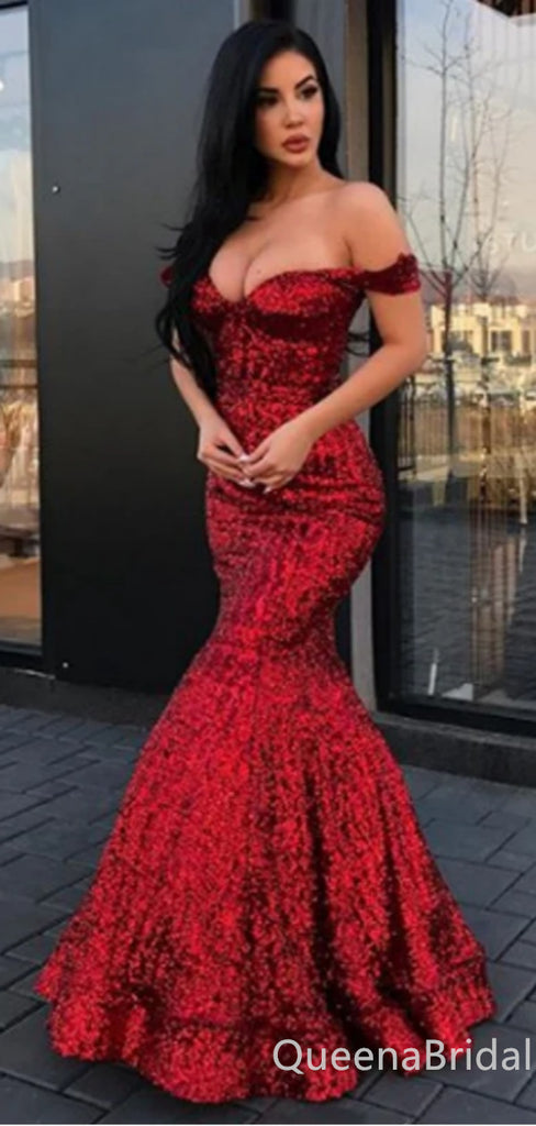 Gorgeous Sexy Off-the-shoulder Mermaid Sparkle Plunging Evening Gown Long Prom Dresses with Ruffles,WGP728