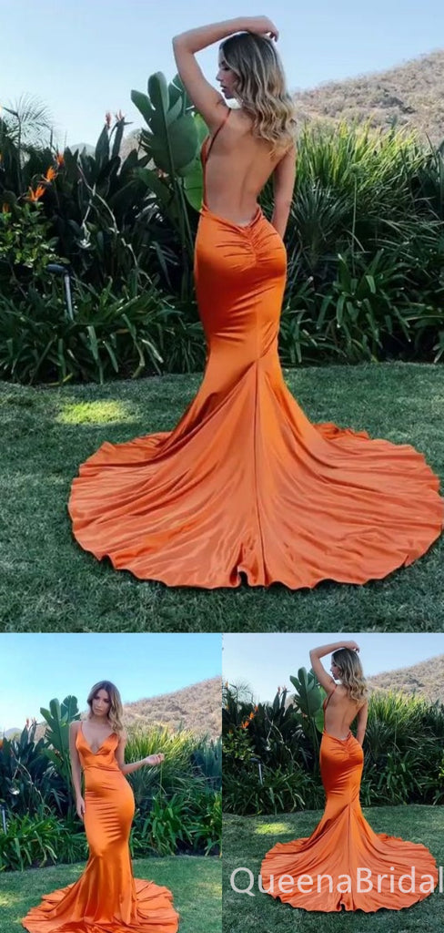 Sexy Orange Spaghetti Straps Plunging Mermaid Open Back Evening Gown Maxi Long Formal Dresses Prom Dresses with Trailing ,WGP900