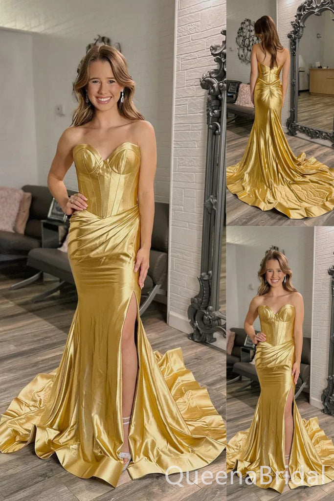 Gold Strapless Sweetheart Mermaid Long Prom Dresses to Impress with Train,WGP1334