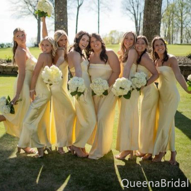 Light Yellow Strapless Sheath Long Bridesmaid Dresses , BDS0206