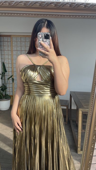 Sexy Golden Yellow A-Line Spaghetti Strap Pleats Long Prom Dresses,WGP436