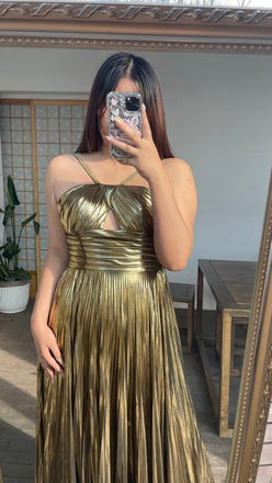 Sexy Golden Yellow A-Line Spaghetti Strap Pleats Long Prom Dresses,WGP436