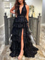 Sparkly Tiered Lace Appliques Deep V-neck Sexy Black Halter High Slit Evening Gown Long Prom Dresses with Belt ,WGP648/Custom Color (leaving a note)