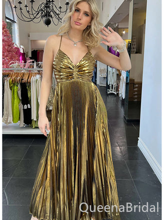 Sexy Golden Yellow A-Line Spaghetti Strap Pleats Long Prom Dresses,WGP436