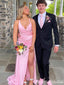 Pink V Neck Halter A-line Evening Gown Maxi Long Evening Party Prom Dresses with Side Slit ,WGP1054