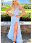Elegant Blue Sequins Mermaid Side Slit Spaghetti Strap Long Wedding Guest Prom Dresses,WGP434