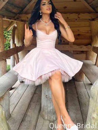 Elegant Spaghetti Strap V-neck A-line Homecoming Dress Graduation Party Dress,QB0977