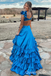 Sexy Blue Layer High Slit Evening Gown Maxi Long Formal Dresses Prom Dresses with Ruffles ,WGP950