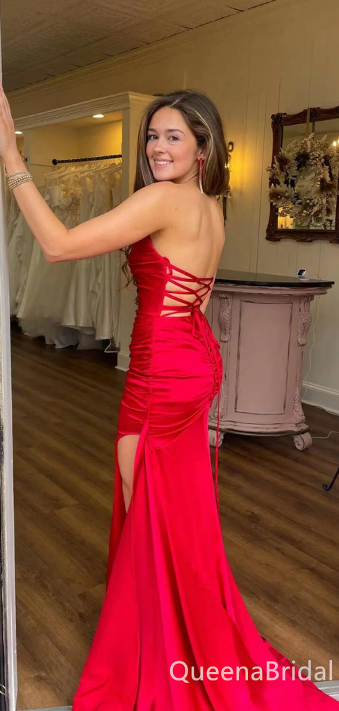 Red Mermaid Strapless Lace Up Back Evening Gown Maxi Long Formal Dresses Prom Dresses with Side Slit ,WGP969