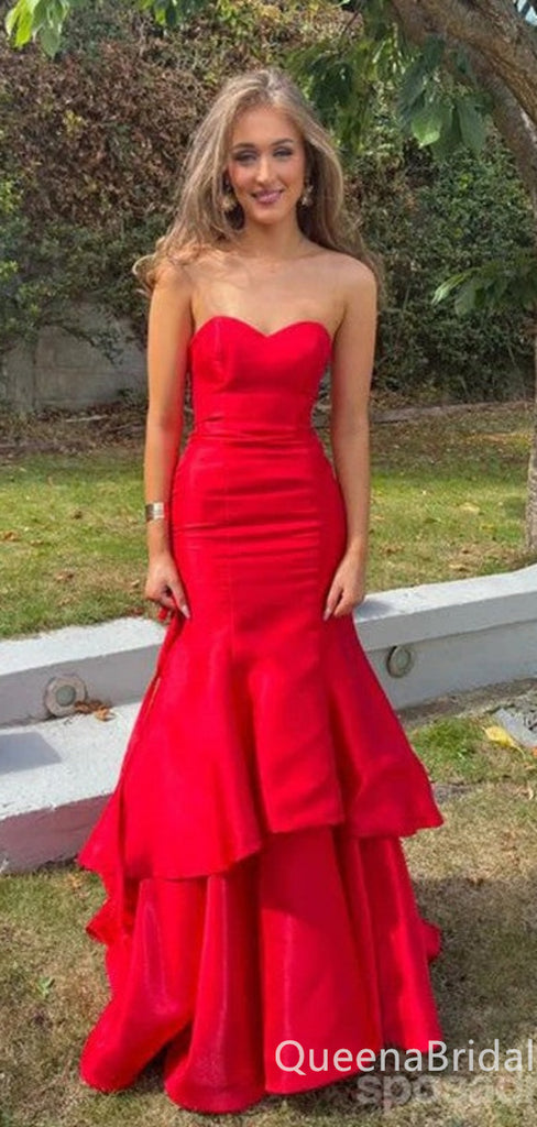 Sexy Red Sweetheart Strapless Mermaid Evening Gown Maxi Long Formal Dresses Prom Dresses with Ruffles,WGP930