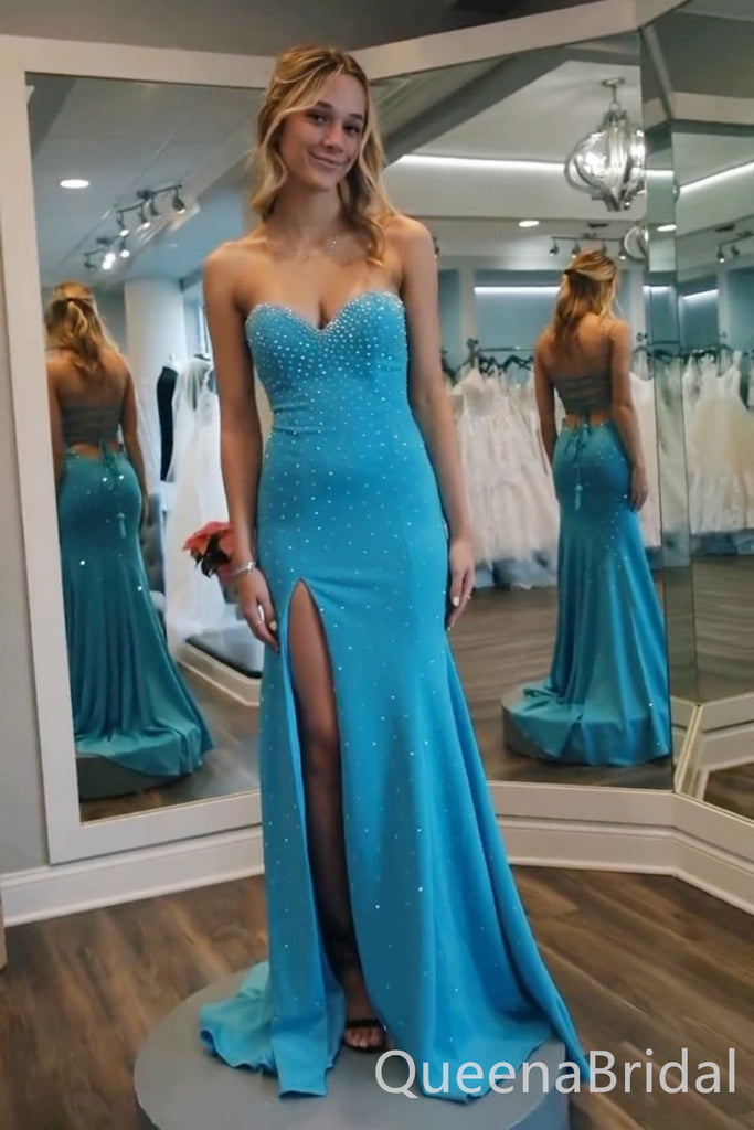 Strapless Blue Beaded Sweetheart Side Slit Mermaid Long Prom Dresses ,WGP1560