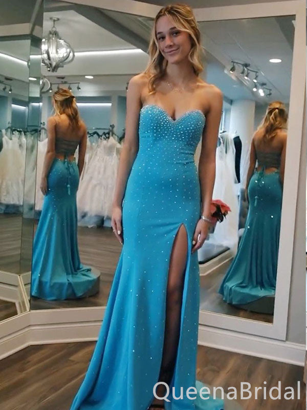 Strapless Blue Beaded Sweetheart Side Slit Mermaid Long Prom Dresses ,WGP1560