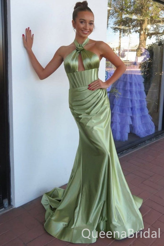 Green Halter Pleats Mermaid Long Prom Dresses ,WGP1561