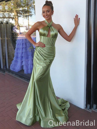 Green Halter Pleats Mermaid Long Prom Dresses ,WGP1561
