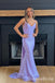 Lilac Spaghetti Straps V Neck Open Back Mermaid Long Prom Dresses ,WGP1562