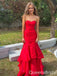 Sexy Red Sweetheart Strapless Mermaid Evening Gown Maxi Long Formal Dresses Prom Dresses with Ruffles,WGP930