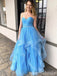 Blue Fluffy Strapless Layer Sweetheart A-line Evening Gown Maxi Long Evening Party Prom Dresses ,WGP1055